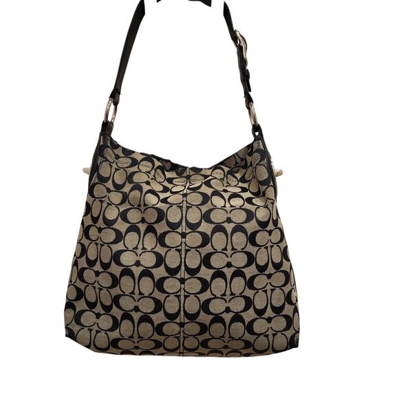 Coach Penelope Hobo Shoulder Bag Signature C Tan Trim Canvas Black Leather Flaws - Picture 6 of 16